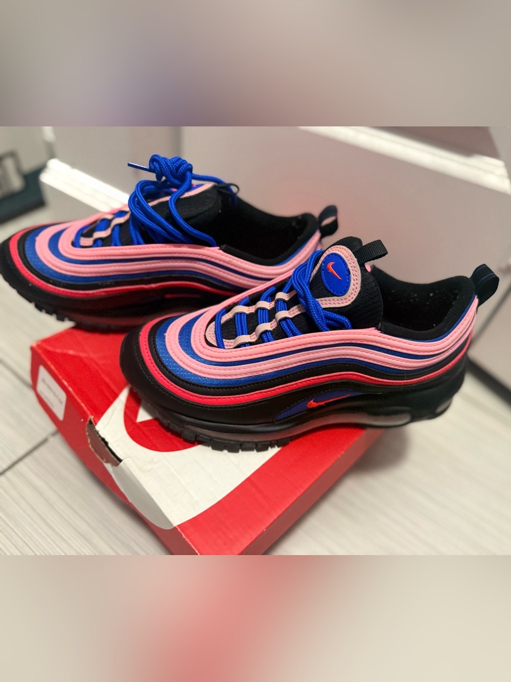Nike Air Max 97 in Pink, Blue & Black with Orange Swoosh
